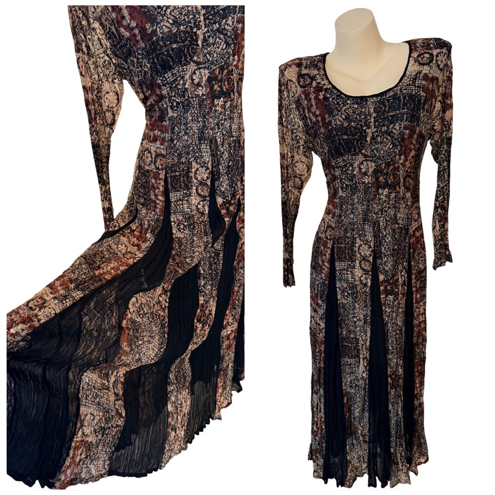 Nostalgia Vintage Whimsigoth Maxi Dress Brown Black Lace Patchwork Print Medium